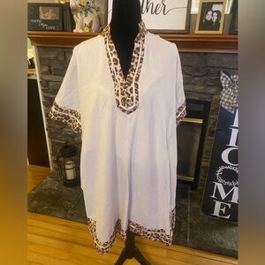 ENTRO Cream Linen Blend Dress with Leopard Trim